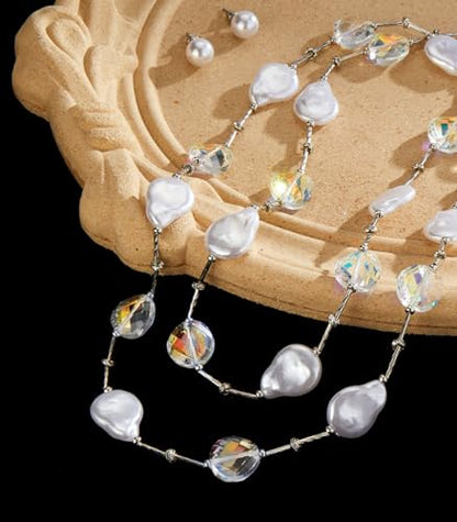 Errally Long Pearl Necklace and Earring Set Layered Pearl Beaded Necklaces for Women White Costume Jewelry Sets Gifts for Mom - color: 14-White