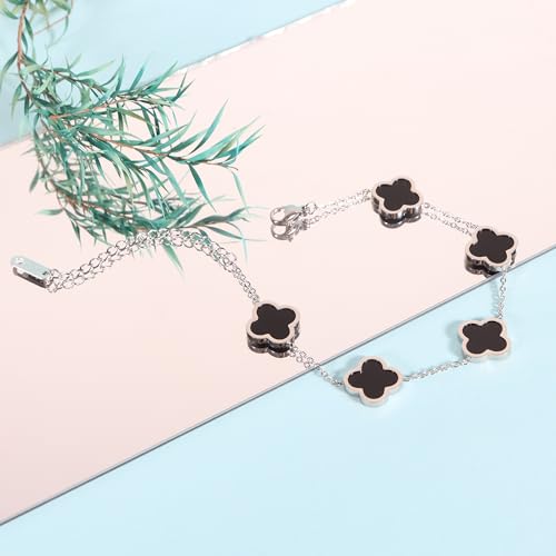 Delicacy Clover Bracelets Necklace Set:Clover Necklaces Clover Bracelet Women Link Bracelets Cute Gold Jewelry - color: Silver-Black