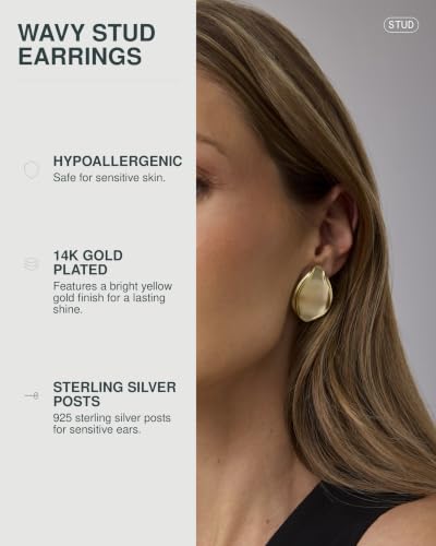 PAVOI 14K Gold Plated Sterling Silver Posts Chunky Vintage Organic Hammered Brushed and Textured Geometric Earrings for Women | Statement Earring Pair - style: Brushed