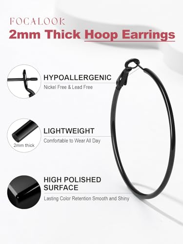 FOCALOOK 14K Gold Plated Lightweight Large Hoops| 2mm Thin Hoop Earrings for Women 30/40/50/70/100mm - color: 01.Black, size: 50mm