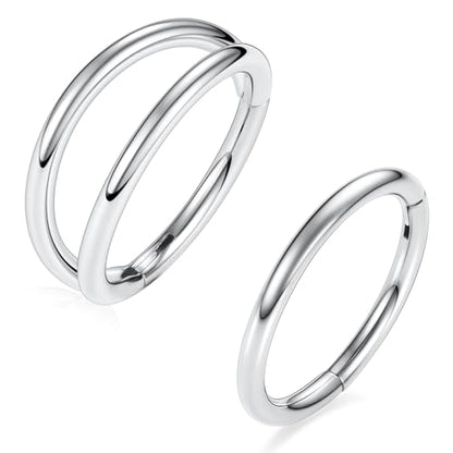 GAGABODY Surgical Steel 2pcs Double Hoop Hypoallergenic Nose Ring Unisex | Seamless Clasp,Used in Nostril,Septum,Lip and All Ear Piercings.22 Gauge to 14 Gauge,a Secure Fit Inner Diameter 6mm to 12mm - color: Silver-Single&Double Hoop, size: 14G-1/4"(6mm)