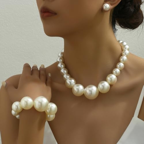 CSIYANJRY99 Pearl Necklace and Earring Set Faux Pearl Jewelry Sets for Women Imitation Beaded Pearl Necklace Bracelet Stud Earrings for Women - color: Silver Chunky Pearl