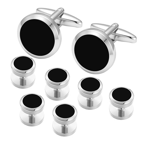 Mens Cufflinks and Tuxedo Shirt Studs Set with Gift Box - color: Silver/Black-01