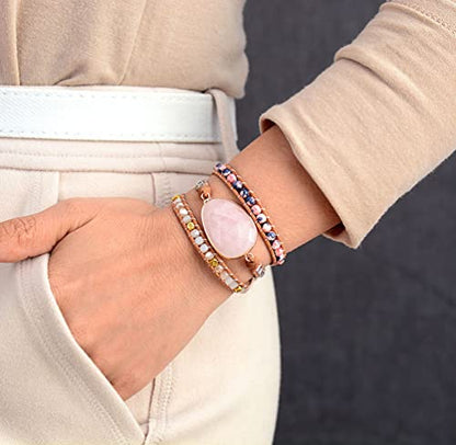 Handmade Boho Wrap Bracelets Natural Turquoise Crystal Stone Variety Beaded Strand Bracelet - color: Pink Agate