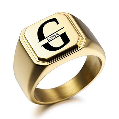 MeMeDIY Personalized Engraved Initial Monogram Signet Ring for Men Women Customize Stainless Steel Wedding Letter Rings Jewelry Bundle with Ring Size Adjusters - color: C2: Gold - Initial Name