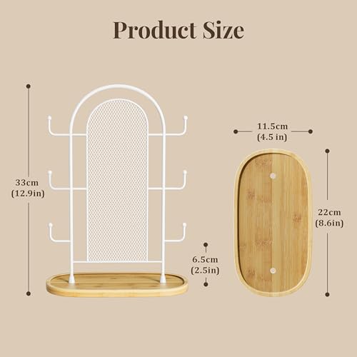 bussdis Jewelry Holder Organizer Earring Display - Earring Storage Tree Stands Towers With 6 Hooks 300 Studs Wood Tray White Metal Rack - color: White