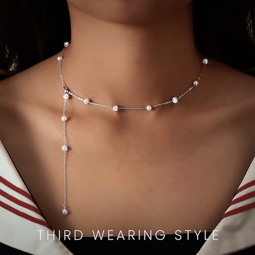 925 Sterling Silver Lariat Necklace for Women | Long 14K Gold Plated Y-Shaped Pearl Necklace CZ Crystal Ball Sparkle Necklace for Mother Daughter Bride Wedding Jewelry - color: Style 4-Silver