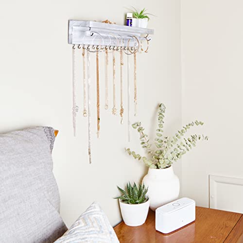 Rustic White Necklace Jewelry Organizer - Wall Mount Jewelry Holder - Mounted Hanging Jewelry Storage Hooks for Necklace, Earrings, and Rings - Farmhouse Wood Decor Bedroom Boho Shelf Rack - style: Rustic - Gray