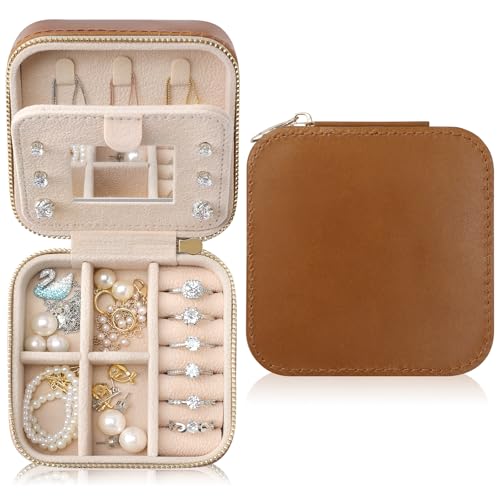 Genuine Leather Travel Jewelry Organizer Case with Mirror for Women, Small Mini Portable Jewelry Box for Earring, Ring, Necklace, Bracelet（Brown） - color: Oil Waxed Leather Brown