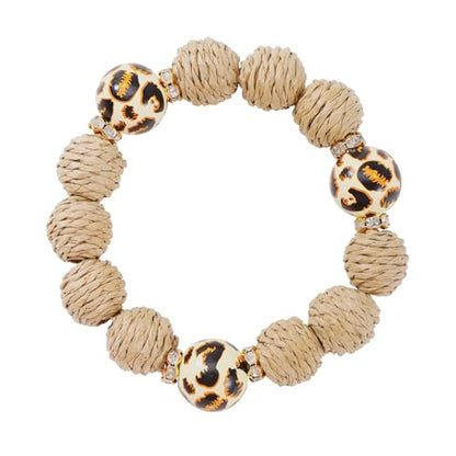Coiris Rattan Raffia Woven Adjustable Boho Bracelet for Women | Handmade Bracelets Stretch Bracelet - color: Leopard Print