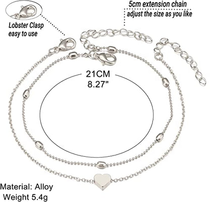 Fesciory Women Heart Anklet Adjustable Beach Layered Ankle Bracelets for Women Gold Alloy Foot Chain Jewelry - color: Silver Heart