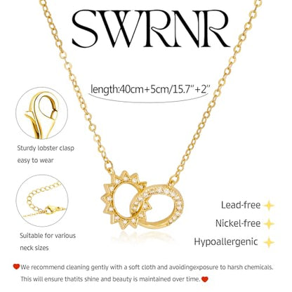 Gold Necklace for Women, Dainty 14K Gold Plated Pendant Necklaces for Women Trendy Simple Choker Chain Cubic Zirconia Circle/Interlocking/Sun/Pearl Necklace Fashion Jewelry Charm Gifts - color: Sun CZ Double Circle