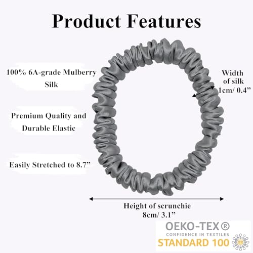 VLOMOT 3 Pcs Set 100% Pure Mulberry Silk Hair Scrunchies (Grey) | Silk Hair Ties for Thin Hair with 3 Chic Colors Everyday Skinny Scrunchies Silk Ponytail Holders Hair Care No Damage - color: Grey
