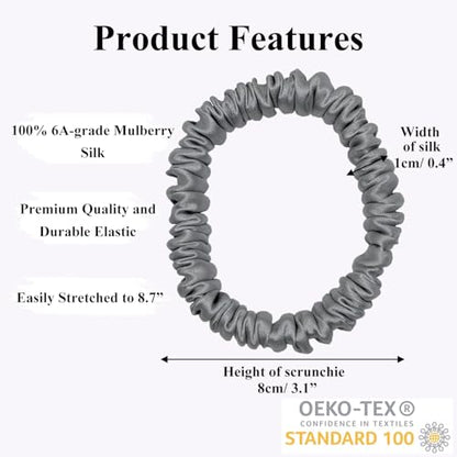 VLOMOT 3 Pcs Set 100% Pure Mulberry Silk Hair Scrunchies (Grey) | Silk Hair Ties for Thin Hair with 3 Chic Colors Everyday Skinny Scrunchies Silk Ponytail Holders Hair Care No Damage - color: Grey