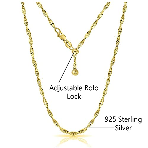 Savlano 925 Sterling Silver Italian Solid 1.5MM Singapore Twist Adjustable Bolo 14-24 Inch Chain Necklace For Women - Made in Italy Comes With a Gift Box - style: Gold Plated