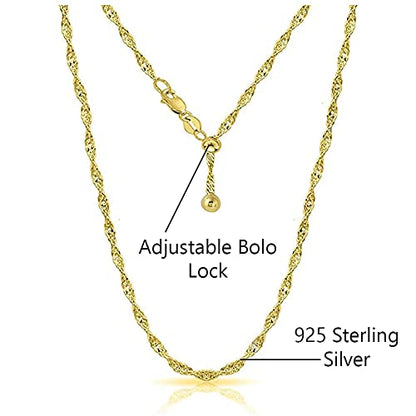 Savlano 925 Sterling Silver Italian Solid 1.5MM Singapore Twist Adjustable Bolo 14-24 Inch Chain Necklace For Women - Made in Italy Comes With a Gift Box - style: Gold Plated