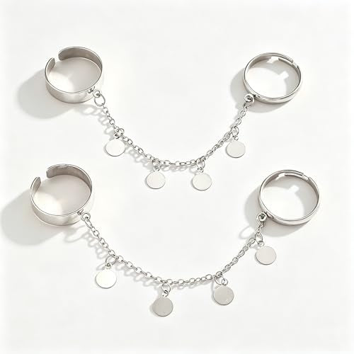 Chain Ring for Women Chunky Dangle Ring Two Finger Rings Crystal Statement Open Adjustable Finger Chain Rings Fashion Jewelry Accessories - color: silver