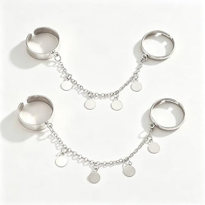 Chain Ring for Women Chunky Dangle Ring Two Finger Rings Crystal Statement Open Adjustable Finger Chain Rings Fashion Jewelry Accessories - color: silver