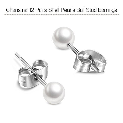 Charisma 5mm Composite Pearl Stud Earrings Round Ball Pearls Hypoallergenic 12 Pairs Imitation Pearl Earrings Set for Women
