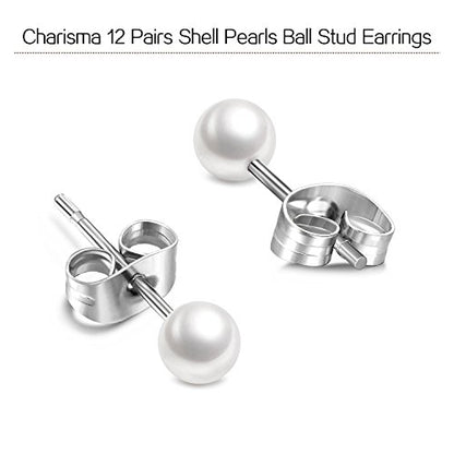 Charisma 5mm Composite Pearl Stud Earrings Round Ball Pearls Hypoallergenic 12 Pairs Imitation Pearl Earrings Set for Women
