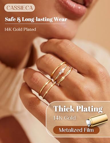 CASSIECA Non Tarnish Gold Rings for Women Dainty Marquise Stack Rings Set | 14K Gold Plated,Stackable Ring Set,Thin Thumb Wedding Band Ring,Marquise Engagement Statement Ring,Waterproof,Jewelry Gifts - color: 14K Gold Plated