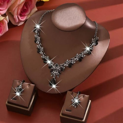 Rhinestone Bridal Wedding Jewelry Sets Gold Necklace Earrings Set Leaf Prom Formal Costume Jewelry Set for Women and Brides - color: Black