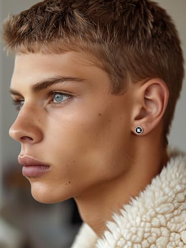 ChicSilver 925 Sterling Silver Viking Rune Natural Black Onyx Stud Earrings For Women Men - style: A: Side Runes-Silver-Engraving