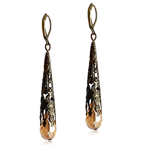 Indian Ethnic Vintage Gold Brone Sparkly Crystal Teardrop Dangle Drop Earrings Bohemian Gypsy Retro Rhinestone Hook Earrings for Women Love Statement Jewelry Gift - color: Orange