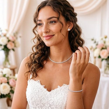 Silver Tennis Necklace and Bracelet Set for Women Wedding Jewelry Sets for Brides Earrings Prom Bridesmaid Jewelry - color: Silver01