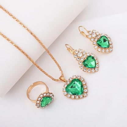 4 Pcs Heart Jewelry Set for Women fashion Cubic Zirconia Pendant Necklace Bracelet Earrings Dainty Open Ring Charm Prom Party, Birthday Valentines Mothers Day Christmas Jewelry Gift - style: Green