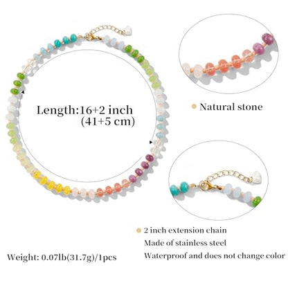 Joya Love Colorful Gemstone Beaded Necklaces For Women Trendy Rainbow Natural Stone Boho Handmade Stainless Steel Waterproof Strand Necklaces Jewelry For Women Gift - color: White Green