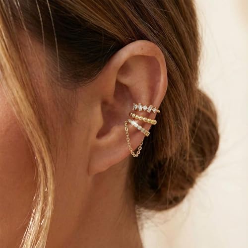 Ear Cuffs Non Piercing Ear Cuff for Women Clip on Huggie Hoop Earrings Gold Fake Earring Cuff with Chain Clips Minimalist Jewelry - color: B1:4pcs gold