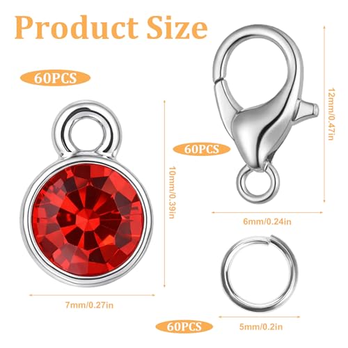 Xthrotsenk 60Pcs Birthstone Charms for Jewelry Making Stainless Steel Charms for Jewelry Crystal Charm with 60 Jump Ring 60 Connecting Ring Fit Bracelet Earring Necklace Keychain Making 12 Color