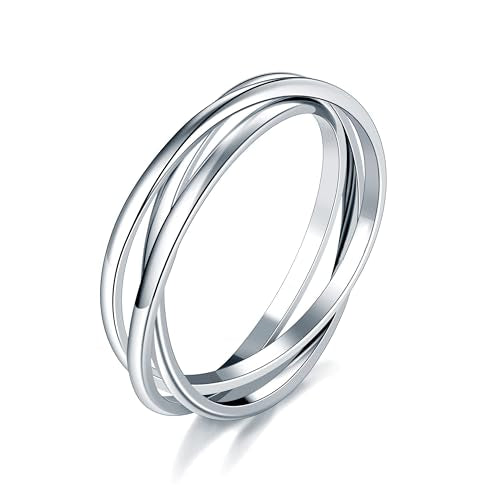 MINDDHA Waterproof No Tarnish Rings|14K Gold/White Gold Plated| Fidget Stacking Anxiety Interlocking Triple Row| Silver/Gold Rings for Women- 2mm 3mm Band Size 4-12 - color: Waterproof 2mm silver