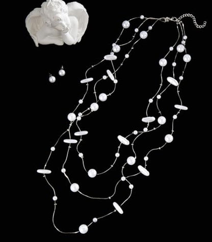 Errally Long Pearl Necklace and Earring Set Layered Pearl Beaded Necklaces for Women White Costume Jewelry Sets Gifts for Mom - color: Disc Shaped