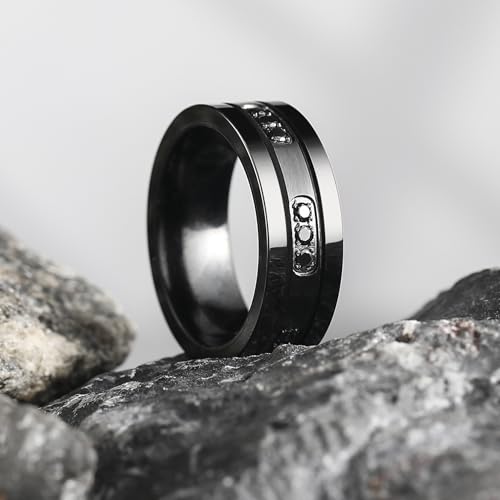 King Will Mens Tungsten Wedding Band with Cubic Zircon Inlay 7mm/8mm Flat Cut Comfort Fit Engagement Rings - color: B-Black&Black-8mm