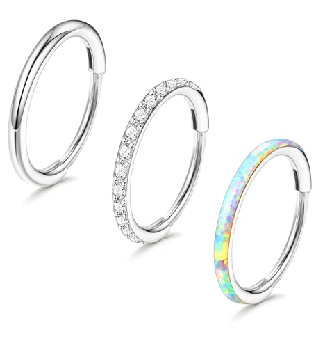 3pcs Nose Rings Hoops - 316L Surgical Steel Hinged Nose Hoops 16G/18G/20G CZ Clicker Septum Nose Ring Lip Helix Cartilage Hoop Earring Daith Rook Conch Body Piercing Jewelry for Women Men 8mm 10mm - color: Silver, size: 20 gauge(0.8mm)-10mm