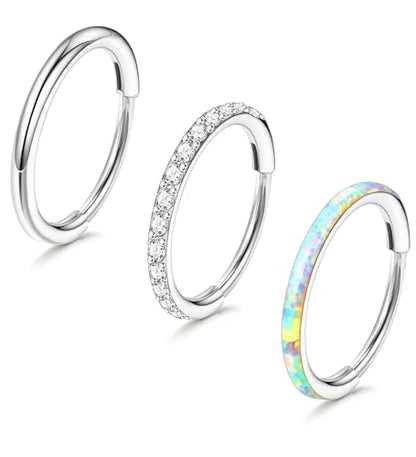 3pcs Nose Rings Hoops - 316L Surgical Steel Hinged Nose Hoops 16G/18G/20G CZ Clicker Septum Nose Ring Lip Helix Cartilage Hoop Earring Daith Rook Conch Body Piercing Jewelry for Women Men 8mm 10mm - color: Silver, size: 20 gauge(0.8mm)-10mm