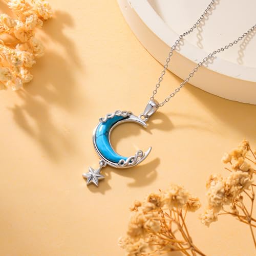 925 Sterling Silver Turquoise Moon Pendant Necklace for Women, Snake/Flower/Bow/Tree of Life/Star Moon Necklace, Dainty Jewelry for Daily Wear & Gifts - style: Style 7