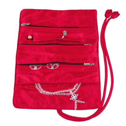 TUMBEELLUWA Embroidery Travel Jewelry Bag Roll Embroidered Flower and Bird Brocade Organizer with Tie Close - color: #5 Red