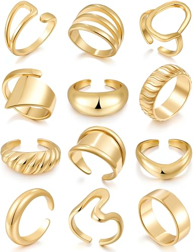 17 MILE Chunky Gold Stackable Rings for Women Non Tarnish, 18K Gold-Plated Statement Open Stacking Rings, Knuckle Band Ring Set - color: 12 Pcs Gold