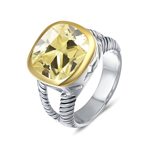 UNY JEWEL Twisted Cable Wire Two Tone Cusion Cut CZ Statement Ring Designer Inspired Fashion Love Antique Women Jewelry Gift - color: Yellow