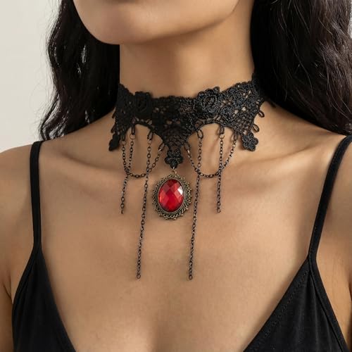 Qceasiy Gothic Black Necklace for Women, Adjustable Victorian Velvet Lace Collar, Halloween Party Cosplay Jewelry Gift - style: Red Gem Chain