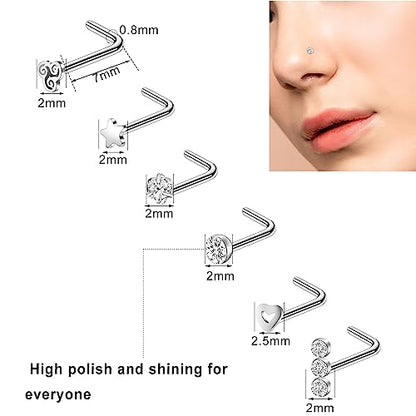 ONESING 9-40 Pcs Nose Rings - Hoops, Studs & L Shape - Hypoallergenic Stainless Steel Nose Piercings for Women & Men - color: Silver D-36Pcs