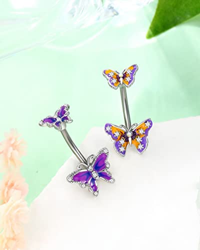 Jewseen Butterfly Belly Button Ring Surgical Steel 14G Belly Ring Purple Navel Piercing Jewelry Curved Barbell Belly Piercing Jewelry for Women