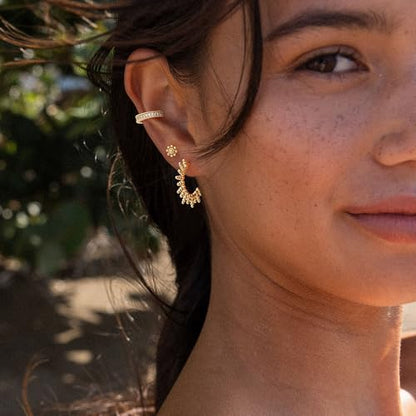 Dremmy Studios Dainty CZ Huggie Hoop Earrings 14K Gold Plated Chunky Simple Cute Thick Round Frill Bead Ball Starburst Cuff Earrings Cubic Zirconia Hoop Earrings Minimalist Personalized Gift for Her - color: Bead GD