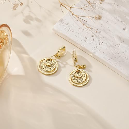 Awinesn Clip on Earrings for Women 14K Gold/Sterling Silver Plated Disc Earrings for Women Circle Drop Dangle Earrings Jewelry Hypoallergenic Hammered Non Pierced Earring Jewelry Gifts Wedding Party - style: Circle-G