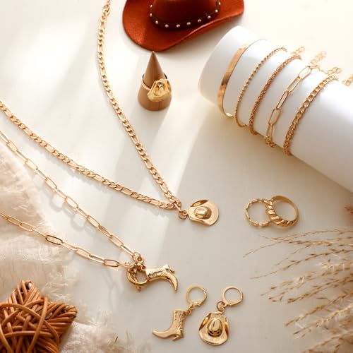 Ecally Bohemian Western Jewelry Turquoise Set Women Country Pendant Long Choker Layered Bracelets Earrings Ring for Women - color: Gold, style: Western