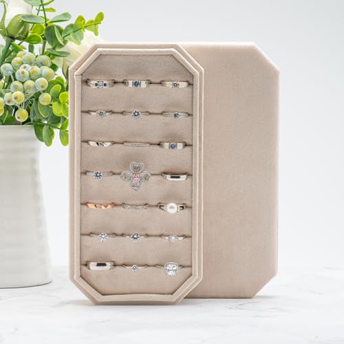 Velvet Ring Organizer Display Tray Jewelry Box Earring Holder Case | for Wedding Birthday Christmas Day (Beige) - color: Beige
