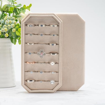 Velvet Ring Organizer Display Tray Jewelry Box Earring Holder Case | for Wedding Birthday Christmas Day (Beige) - color: Beige
